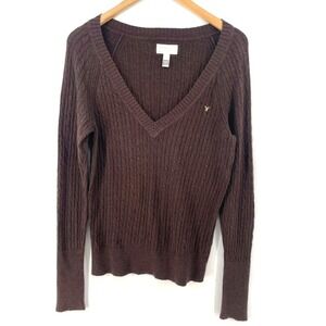 Y2K Cable Knit American Eagle Sweater Sz *M V-Neck Brown Bella Swan Elena Preppy